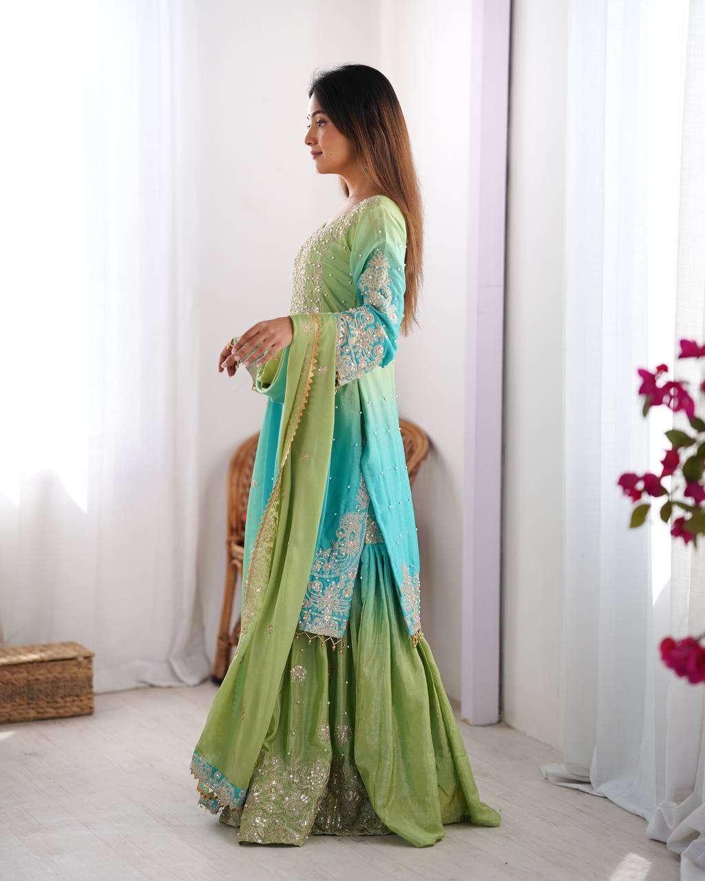 Women's Chinon Silk Sequence With Rivet Moti Work Straight Kurta With Sharara and Dupatta Set - Image 15